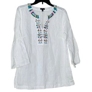 Talbots White Tunic with Colorful Embroidery. Linen. Size M